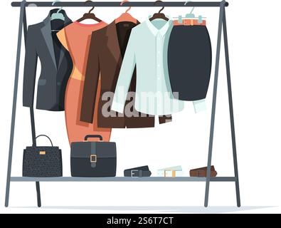 Kleidung auf Kleiderbügeln. Business Textil Dinge für männliche und weibliche Personen Kleider Hemden Hosen Anzüge hängen in Garderobe Vektor flache Sammlung. Business-Boutique, Kleidung hängt, Kleidung Illustration. Kleidung auf Kleiderbügeln. Business Textil Dinge für männliche und weibliche Personen Kleider Hemden Hosen Anzüge hängen in Garderobe grell Vektor flache Sammlung Stock Vektor