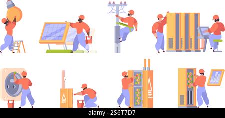 Installation von Elektrizitätssystemen. Arbeiter, die Diagnosesysteme reparieren Werkzeuge Elektriker entwickelt Vektorfiguren im Cartoon-Stil. Illustration Elektrizität, Techniker Elektriker. Installation von Elektrizitätssystemen. Arbeiter, die Diagnosesysteme reparieren Werkzeuge Elektriker Engeneers grellen Vektorfiguren im Cartoon-Stil Stock Vektor