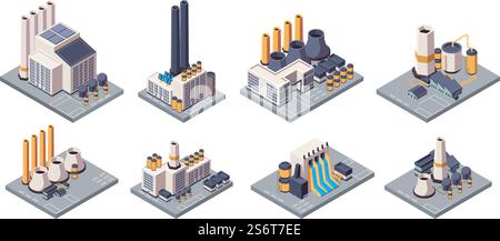 Industrieanlagen. Isometrie Fabrikgebäude mit Röhren Energieproduktion Lager grell Vektoranlagen. Illustration Fabrik Industrie, Gebäude isometrisch, Kraftwerk. Industrieanlagen. Isometrie Fabrikgebäude mit Röhren Energieproduktion Lager grell Vektoranlagen Stock Vektor