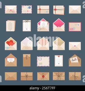 Umschläge und Briefe. Postschilder Etiketten Grußkarten romantische Briefmarken Aufkleber neue Vektor-Illustrationen Set. Briefumschlag mit Liebe, Siegel und Stempel. Umschläge und Briefe. Postschilder Etiketten Grußkarten romantische Briefmarken Aufkleber neue Vektor-Illustrationen Set Stock Vektor