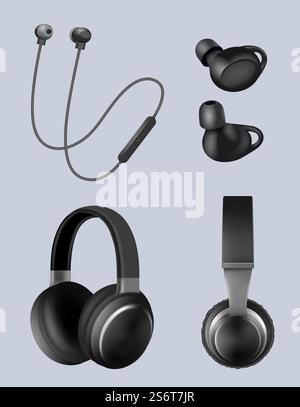 Realistische Kopfhörer. Musikobjekte Audio-Headset für ansprechende Vektorgrafiken, isoliert auf weiß. Audiogeräte, Audio-Headset-Zubehör. Realistische Kopfhörer. Musikobjekte Audio-Headset für ansprechende Vektorgrafiken, isoliert auf weiß Stock Vektor