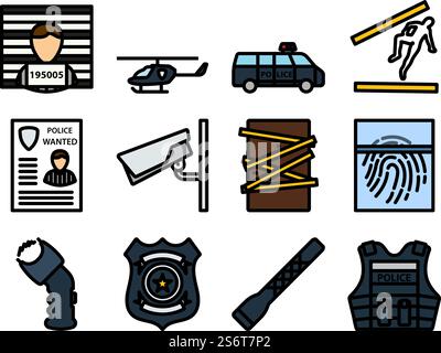 Polizei-Symbol Eingestellt. Editierbare Fett Formatigte Kontur Mit Farbfüllungsdesign. Vektorgrafik. Stock Vektor