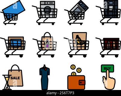 Verkauf Icon Set. Editierbare Fett Formatigte Kontur Mit Farbfüllungsdesign. Vektorgrafik. Stock Vektor