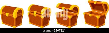 Cartoon Schatzkiste. Holzkisten, Animation öffnen leere Holzkiste. Spielikonen oder geheimnisvolle Elemente, Vintage-geöffnetes aktuelles Vektordesign. Illustrationskiste aus Holz, Zeichentrickschachtel für Schatz. Cartoon Schatzkiste. Holzkisten, Animation öffnen leere Holzkiste. Spielikonen oder geheimnisvolle Elemente, Vintage-geöffnetes aktuelles Vektordesign Stock Vektor