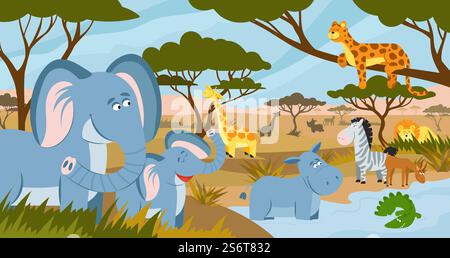 Savannentiere. Afrikanische Sommertiere, Savannenlandschaften. Lustiger tropischer Zoo, Safari Park Panorama mit dezenten flachen wilden Vektorfiguren. Illustration Löwe und Zebra, Krokodil und Nilpferd. Savannentiere. Afrikanische Sommertiere, Savannenlandschaften. Lustiger tropischer Zoo, Safari Park Panorama mit dezenten flachen wilden Vektorfiguren Stock Vektor