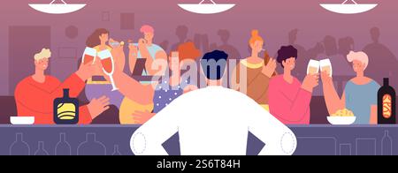 Freunde trinken in der Bar. Junge Leute amüsieren sich, Barkeeper sehen die Menge mit Wein und Bier an. Glücklicher Erwachsener im Pub jubelt, Drinks Party-Äußeres Vektor-Konzept. Illustration der Bar Alkohol Party, Cartoon Drink Pub. Freunde trinken in der Bar. Junge Leute amüsieren sich, Barkeeper sehen die Menge mit Wein und Bier an. Glücklicher Erwachsener im Pub jubelt, Drinks Party-Äußeres Vektor-Konzept Stock Vektor