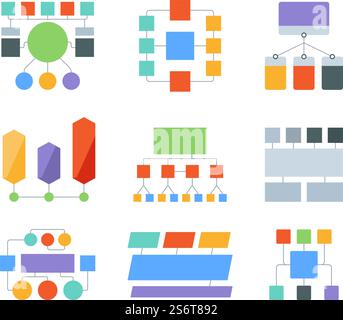 Flussdiagrammelemente. Infografikvorlagen Geschäftsprozesse Diagramme Workflow-Diagramme mit Platz für Textvektoren. Ablaufdiagramm-Präsentation, Diagramm-Verbindung Infografik-Ablaufdarstellung. Flussdiagrammelemente. Infografikvorlagen Geschäftsprozesse Diagramme Workflow-Diagramme mit Platz für Text grell Vektorsatz Stock Vektor