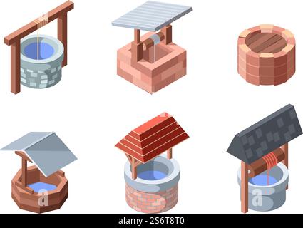 Wasser-Wellness-Isometrie. Im Freien Garten Oase mit Felsen Ziegeln Getränk gut grell Vektor Illustration Set 3d.. Wasserdorf, altes ländliches Holz oder Stein. Wasser-Wellness-Isometrie. Garten-Oase im Freien mit Felsen Ziegeln trinken gut grell Vektor Illustration Set 3d Stock Vektor