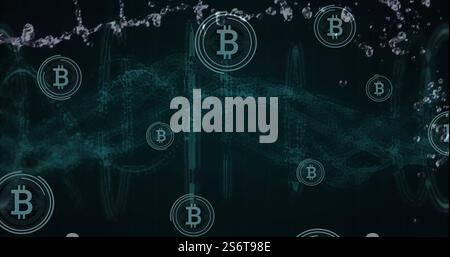 Bitcoin-Symbole und Blockchain-Netzwerkbild über digitalem Hintergrund mit schwebenden Partikeln Stockfoto