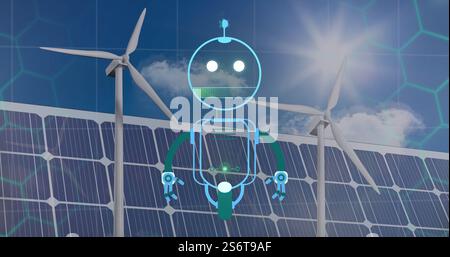 Roboterbild über Windturbinen und Solarpaneelen, die erneuerbare Energien darstellen Stockfoto