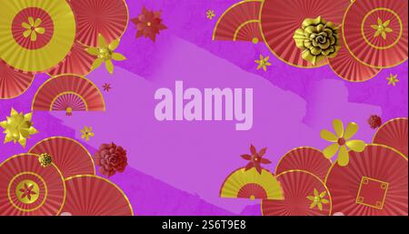 Bild mit rotem und gelbem Blumen- und Fächermotiv auf violettem Hintergrund Stockfoto