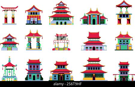Asiatische Gebäude. China traditioneller palazzo antike Häuser Pagode architektonische Gebäude grell Vektor flache Illustrationen Sammlung. Gebäudearchitektur chinesische, traditionelle asiatische Kultur. Asiatische Gebäude. China traditioneller palazzo antike Häuser Pagode architektonische Gebäude grell Vektor flache Illustrationen Sammlung Stock Vektor