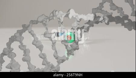 Abbildung des dna-Strangs über Durchstechflasche und Spritze auf weißem Hintergrund Stockfoto