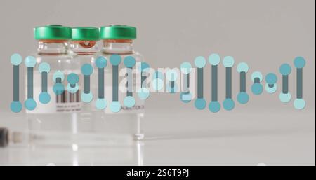 Abbildung des dna-Strangs über Fläschchen und Spritze auf weißem Hintergrund Stockfoto