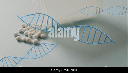Abbildung des dna-Strangs über der Box mit Pillen auf weißem Hintergrund Stockfoto