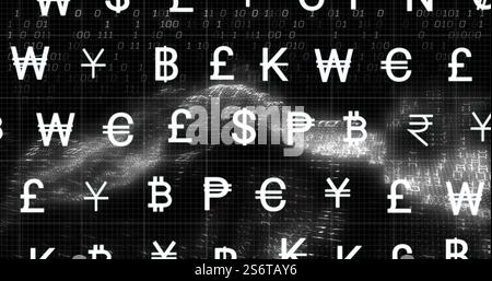 Währungssymbole und binäres Code-Bild über abstraktem digitalen Hintergrund Stockfoto