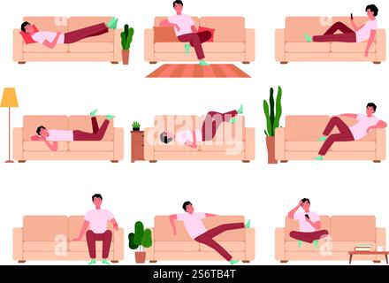 Person, die sich auf dem Sofa entspannt. Mann, der auf der Couch sitzt, schlafend denkt Charakter, der in verschiedenen Posen träumt, heute Vektor-Cartoon-Bilder Set. Illustration Sofa Mann, Cartoon sitzen bequem. Person, die sich auf dem Sofa entspannt. Mann, der auf der Couch sitzt, schlafend denkt Charakter, der in verschiedenen Posen träumt, heute Vektor-Cartoon-Bilder Set Stock Vektor