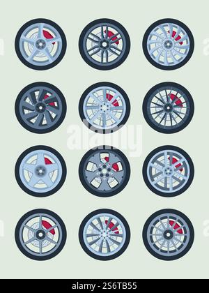 Bremsbeläge für Räder. Räder rund Formen Stahl moderne Felgen grell Vektor Illustrationen auf weiß gesetzt. Scheibenbruch, Teil der Bremsanlage, beheben. Bremsbeläge für Räder. Räder rund Formen Stahl moderne Felgen grell Vektor Illustrationen auf weiß gesetzt Stock Vektor