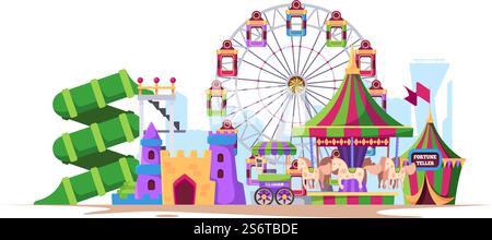 Unterhaltung Hintergrund. Landschaft Spaß Stadt mit Attraktionen für Kinder große Räder mit Schaukelmaschinen mit Fast Food Rollercoast Fahrt aufblasbare Ballons grell Vektor Karikaturillustration. Unterhaltung Hintergrund. Landschaftlich unterhaltsame Stadt mit Attraktionen für Kinder große Räder mit Schaukelmaschinen und Fast Food Rollercoast Stock Vektor