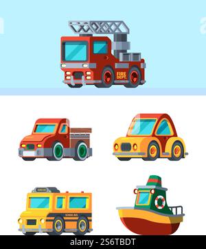 Kinderspielzeug. Stilisierte Fahrzeuge im Cartoon-Stil verschiedene Transport Autos LKW Boote Flugzeug grell Vektor Illustrationen von Mini Spielzeug. Autospielzeugwagen, Transportfahrzeug und Schiff. Kinderspielzeug. Stilisierte Fahrzeuge im Cartoon-Stil verschiedene Transport Autos LKW Boote Flugzeug grell Vektor Illustrationen von Mini Spielzeug Stock Vektor