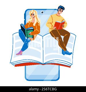 Handy zum Lesen. Online-App. Smartphone liest Internet Medienbibliothek Charakter Web Flat Cartoon Illustration. Vektor für mobiles Lesen Stock Vektor