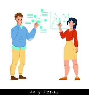 Datenvisualisierung Mann Frau Diagramm. Digitales Konzept. Netzwerktechnologie. Analyse Big Data Science Charaktere Web Flat Cartoon Illustration. Vektor der Datenvisualisierung Stock Vektor