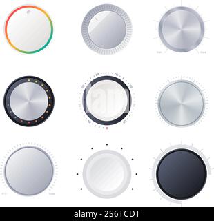 Rundskalenindikatoren. Verstärker Power Volume Tuner Sound Digital Radial Controller grell Vektor Infografiken Objekte. Abbildung Skalenebene, Kreis der Schaltflächen der Ausrüstung. Rundskalenindikatoren. Verstärker Power Volume Tuner Sound Digital Radial Controller grell Vektor Infografiken Objekte Stock Vektor