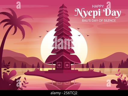 Happy Nyepi Day oder Bali&rsquo;s Silence to Hindus Zeremonien im Hintergrund des Tempels oder Pura Illustration passend für Poster Stock Vektor