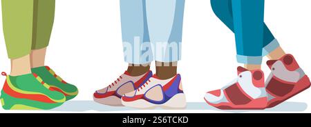 Füße in Turnschuhen. Aktive Lebensstil Menschen stehen in modischen Laufschuhen Streetwear Schuhe trendige Farben stilvolle Personen grellen Vektor Hintergrund. Illustration Fußschuhe, Schuhe und Schuhe. Füße in Turnschuhen. Aktive Lebensstil Menschen stehen in modischen Laufschuhen Streetwear Schuhe trendige Farben stilvolle Personen grellen Vektor Hintergrund Stock Vektor