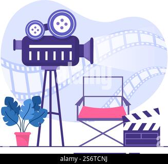 Film Premiere Show oder Kino mit Kamera, Popcorn, Clapperboard, Film Tape und Reel in Flat Design Hintergrund Illustration Stock Vektor