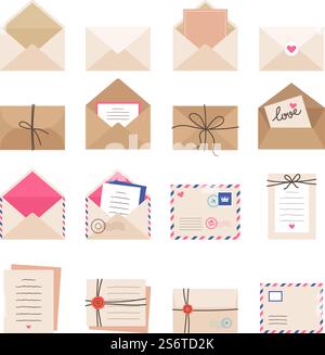 Umschlagkollektionen. Postbriefe Grußkarten romantische Umschläge gestempelte Schilder Etiketten aktuelle Vektor-Illustrationen Sammlung. Grußkarte, romantische Nachricht Liebe, valentinskarte. Umschlagkollektionen. Postbriefe Grußkarten romantische Umschläge gestempelte Schilder Etiketten aktuelle Vektor-Illustrationen Sammlung Stock Vektor