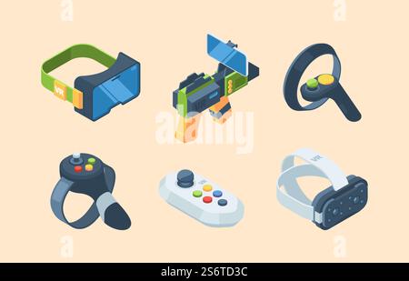 Isometrische virtuelle Realität. VR Gaming Pistolen Controller Video Attraktionen 360 Grad Ansichten lustige Erfahrung Vektor Illustrationen 3D Set. Virtual-Reality-Unterhaltung, elektronische Technologie zum Spielen. Isometrische virtuelle Realität. VR Gaming Pistolen Controller Video Attraktionen 360 Grad Ansichten lustige Erfahrung grell Vektor Illustrationen 3D Set Stock Vektor