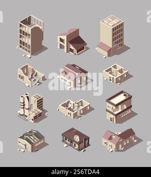 Zerstörte Gebäude. Beschädigte städtische isometrische architektonische Objekte schlechte Häuser Speicher im Freien städtische Gebäude grell Vektor Illustrationen Set. Zerstörte Architektur und zerstörte Karikaturruine. Zerstörte Gebäude. Beschädigte städtische isometrische architektonische Objekte schlechte Häuser Speicher im Freien städtische Gebäude grell Vektor Illustrationen Set Stock Vektor