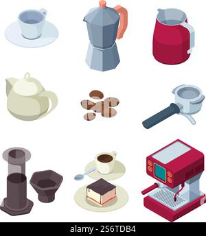 Barista Ausrüstung. Natürliche schwarze Kaffeemaschinen Espresso Tasse köstliche Kuchen Becher greg Vektor isometrische Vorlagen Set. Kaffeeausrüstung, Getränketasse isometrisch, köstliche Kuchen Illustration. Barista Ausrüstung. Natürliche schwarze Kaffeemaschinen Espresso Tasse köstliche Kuchen Becher greg Vektor isometrische Vorlagen Set Stock Vektor