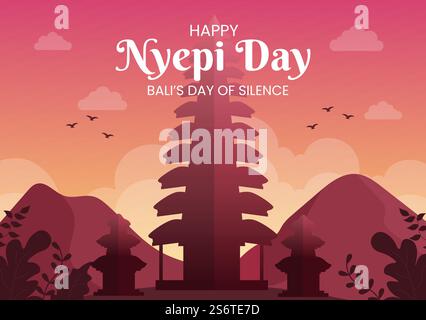 Happy Nyepi Day oder Bali&rsquo;s Silence to Hindus Zeremonien im Hintergrund des Tempels oder Pura Illustration passend für Poster Stock Vektor