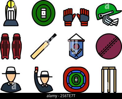 Cricket-Icon-Set. Editierbare Fett Formatigte Kontur Mit Farbfüllungsdesign. Vektorgrafik. Stock Vektor