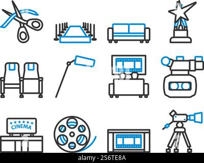 Cinema Icon Set. Editierbare Fett Formatigte Kontur Mit Farbfüllungsdesign. Vektorgrafik. Stock Vektor