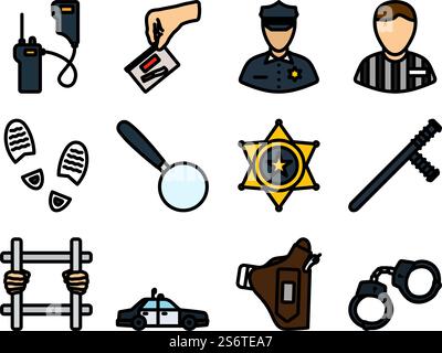 Polizei-Symbol Eingestellt. Editierbare Fett Formatigte Kontur Mit Farbfüllungsdesign. Vektorgrafik. Stock Vektor