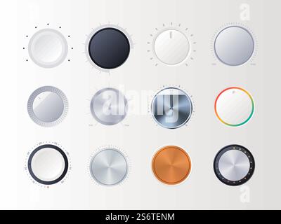 Runde Lautstärkeregler. Radialverstärker Anzeigen digitale Sound Musik Tuner Artikel grellen Vektorsammlungen. Illustrationstaste und Lautstärkeregelung, Pegelpanel-Controller. Runde Lautstärkeregler. Radialverstärker Anzeigen digitale Sound Musik Tuner Artikel grellen Vektorsammlungen Stock Vektor