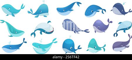 Walsammlung. Unterwasserleben im Ozean mit großen schwimmenden blauen Fischen nette wilde Wale exakte Vektor-Illustration. Wal im Ozean unter Wasser, Meereslebewesen. Walsammlung. Unterwasserleben im Ozean mit großen schwimmenden blauen Fischen nette wilde Wale exakte Vektor-Illustration Stock Vektor