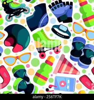 Rollenmuster. Aktive Elemente aus Skate Park nahtloser Hintergrund für Textildesign Projekte Disco Party 80er Jahre Vorlage grell Vektor Bild. Abbildung Übung Muster Rolle. Rollenmuster. Aktive Elemente aus Skate Park nahtloser Hintergrund für Textildesign Projekte Disco Party 80er Jahre Vorlage grell Vektor Bild Stock Vektor