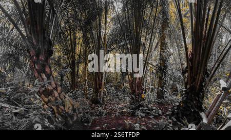 Dichter Wald mit hohen Palmen und üppigem Unterholz, mit einer Mischung aus grünem und gelbem Laub. Die Szene ist ruhig und natürlich, mit Sonnenlicht Stockfoto