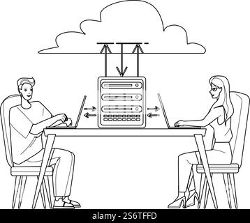 Cloud Hosting Storage Service Mit People Black Line Bleistift Zeichenvektor. Cloud Hosting Data Server Verwenden Benutzer Von Männern Und Frauen Zum Hoch- Und Herunterladen Digitaler Computerdateien. Zeichen. Cloud Hosting Storage Service Mit People Vector Stock Vektor