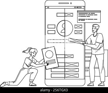 Mobile Benutzeroberfläche Und Ux Design Designer Business Black Line Bleistift Zeichenvektor. Mann Und Frau Berufliche Tätigkeit In Telefon-Ui Und Ux-Design. Charaktere Boy Girl Creator Technology Work Illustration. Mobile Benutzeroberfläche Und Ux Design Designer Business Vector Stock Vektor