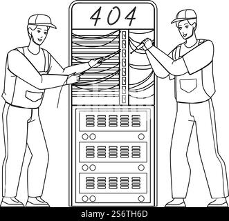 404 Fehler Bei Defektem Server-Netzwerkproblem Black Line Bleistift Zeichenvektor. Computerwartung Servicearbeiter, Der Elektronische Geräte Mit Fehler 404 Repariert. Zeichenadministratoren Beheben Probleme. 404 Fehler Bei Fehlerhaftem Server-Netzwerkproblem Vektor Stock Vektor