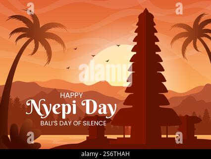 Happy Nyepi Day oder Bali&rsquo;s Silence to Hindus Zeremonien im Hintergrund des Tempels oder Pura Illustration passend für Poster Stock Vektor