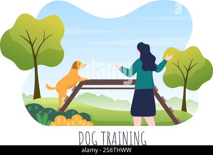 Hunde-Training-Center auf dem Spielplatz mit Lehrer Lehre Haustiere oder spielen für Tricks und Springen Fähigkeiten in Flat Cartoon Hintergrund Illustration Stock Vektor