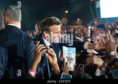 Frankreich, Paris Le Champ-de-Mars (7. Bezirk), Präsident Emmanuel Macron während der Kundgebung, die seinen Sieg in der 2. Runde des Präsidenten feierte Stockfoto