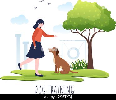 Hunde-Training-Center auf dem Spielplatz mit Lehrer Lehre Haustiere oder spielen für Tricks und Springen Fähigkeiten in Flat Cartoon Hintergrund Illustration Stock Vektor