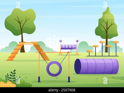 Hunde-Training-Center auf dem Spielplatz mit Lehrer Lehre Haustiere oder spielen für Tricks und Springen Fähigkeiten in Flat Cartoon Hintergrund Illustration Stock Vektor